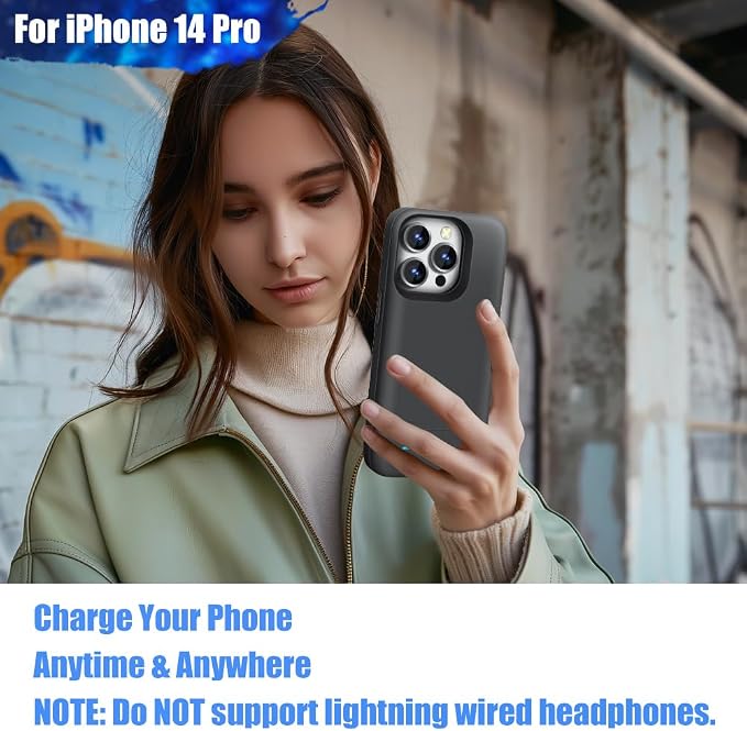 Sitong Battery Case for iPhone 14 Pro, 5000mAh Rechargeable Extended Battery Charging Charger Case, Add 100% Extra Juice (6.1 Inches) Black