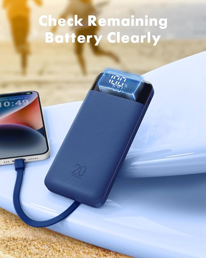 charmast 20000mAh Portable Charger with Built in Cables, 22.5W Travel Power Bank Fast Charging, USB C Cell Phone Battery Pack for iPhone 16/15/14/13/12/11 Series, iPad, Samsung, Android, Tablet