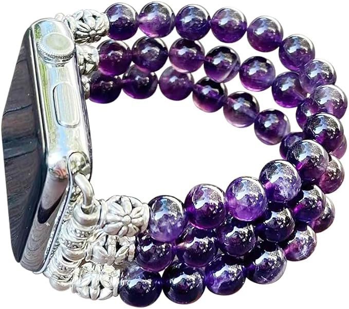 Amethyst Bracelet Compatible for Apple Watch Band 40mm/38mm/41mm Series 9 8 7 SE Series 6/5/4 Women Fashion Natural Gemstone Handmade Stretchy Watch Strap (42mm/44mm/45mm)