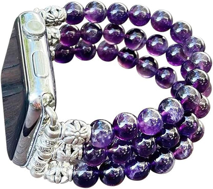 Amethyst Bracelet Compatible for Apple Watch Band 40mm/38mm/41mm Series 9 8 7 SE Series 6/5/4 Women Fashion Natural Gemstone Handmade Stretchy Watch Strap (42mm/44mm/45mm)