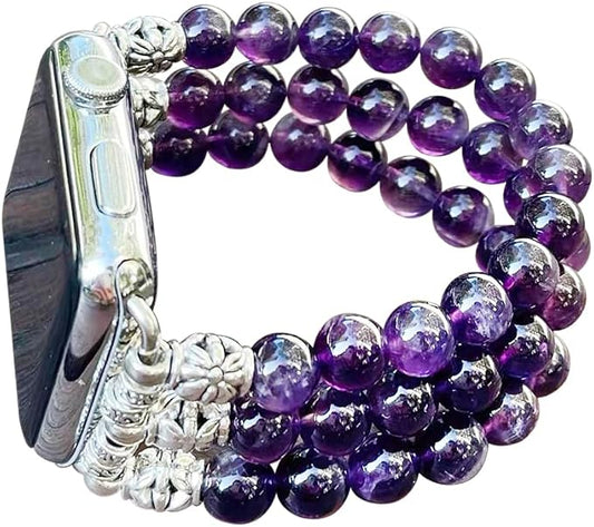 Amethyst Bracelet Compatible for Apple Watch Band 40mm/38mm/41mm Series 9 8 7 SE Series 6/5/4 Women Fashion Natural Gemstone Handmade Stretchy Watch Strap (42mm/44mm/45mm)