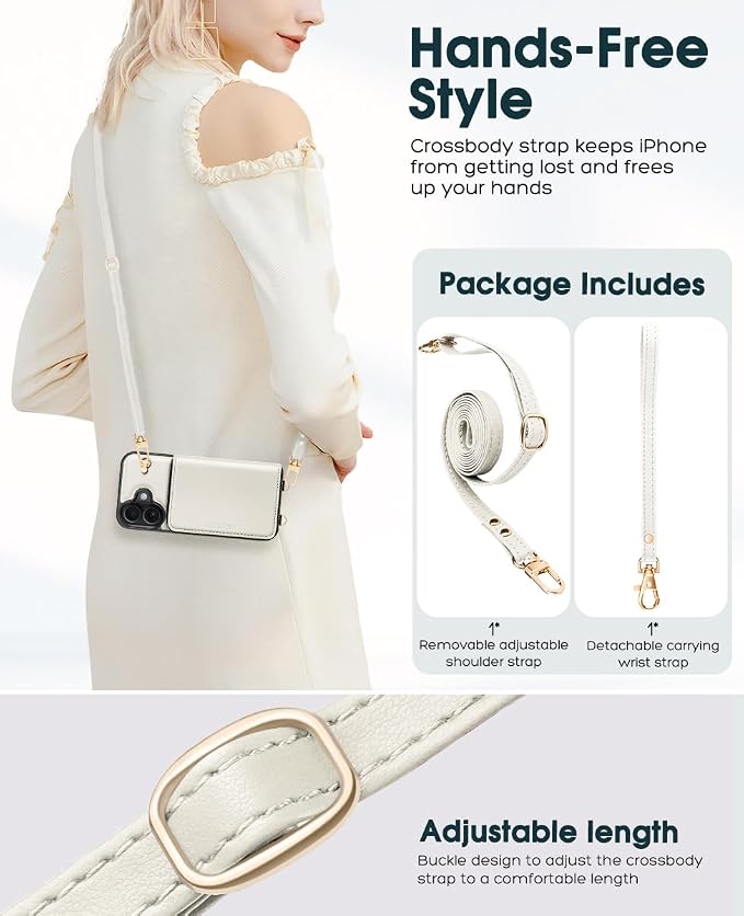 OCASE Compatible with iPhone 16 Crossbody Wallet Case with Card Holder, PU Leather Zipper Handbag Phone Purse with RFID Blocking Kickstand Wrist Strap Lanyard 6.1 Inch, Cream