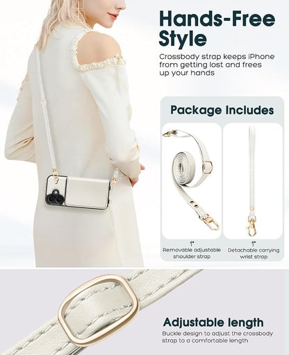 OCASE Compatible with iPhone 16 Crossbody Wallet Case with Card Holder, PU Leather Zipper Handbag Phone Purse with RFID Blocking Kickstand Wrist Strap Lanyard 6.1 Inch, Cream