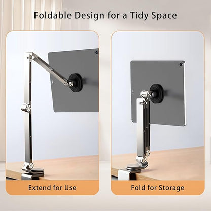 Magnetic Tablet Stand for Desk Aluminum Alloy Phone iPad Desk Holder Overhead Arm Mount with 360°Rotate Base for Magsafe/iPhone/Android/iPad (Magnetic Silver)