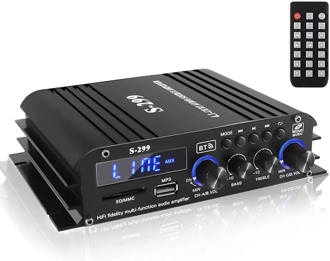 4.1 Channel Home Audio Amplifier Receiver, Bluetooth 5.0 Mini Amp with Subwoofer Output, RMS 4x50W MAX 800W for Home Theater/Car- USB/SD/AUX Input, for Passive Speakers and Active subwoofer