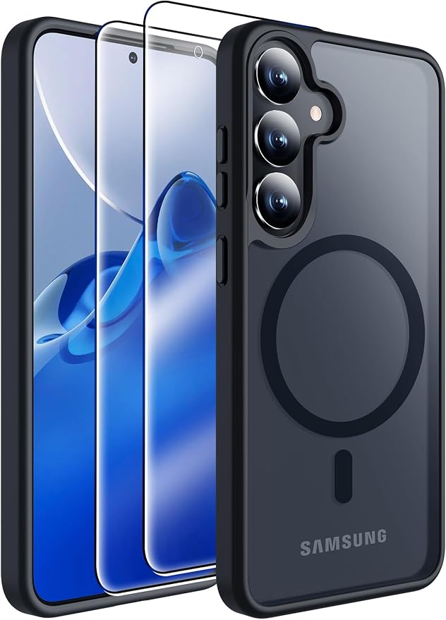 MOZOTER for Samsung Galaxy S25 Plus Case with Magnetic,[Compatible with MagSafe][12Ft Military Dropproof][2*Screen Protector] Translucent Anti-Slip Back Slim Shockproof Case for S25 Plus,6.7"-Black