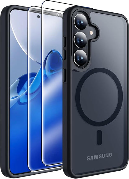 MOZOTER for Samsung Galaxy S25 Plus Case with Magnetic,[Compatible with MagSafe][12Ft Military Dropproof][2*Screen Protector] Translucent Anti-Slip Back Slim Shockproof Case for S25 Plus,6.7"-Black
