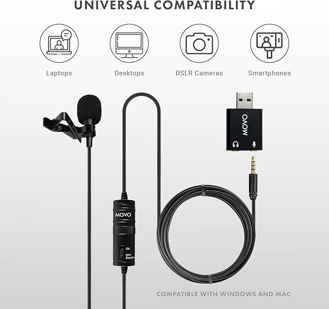 Movo LV1-USB Lavalier Microphone for Camera, Lapel for iPhone and Android Smartphones, Body Lav Mic, Clip On Microphone for 3.5mm, Shirt Lapel Mic for Phone, GoPro, Interview, Computer, PC