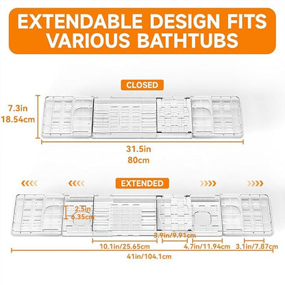 Expandable Bathtub Tray - Lightweight Adjustable Bath Caddy, Spa Organizer with Holder for Phone, Book & Wine Glass (Extra Long)