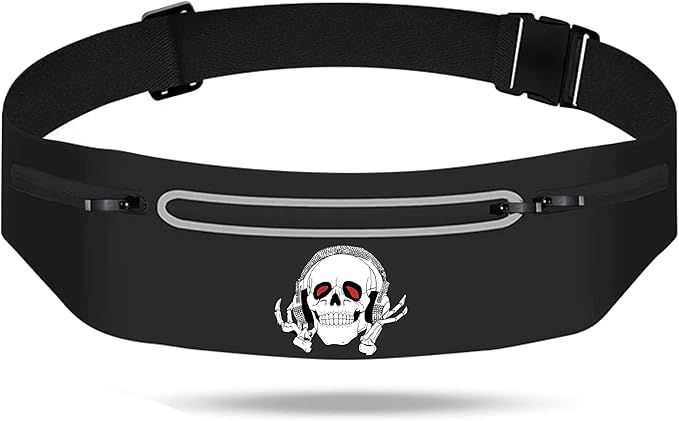 Music Skull Running Belts for Women and Men,Runner Waist fanny pack Wallet Holder,Waterproof Reflective phone holder,Cool Rock Skeleton Fitness Belt with 3 Zipper Pockets,Marathon Cycling Gear Gift