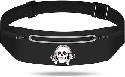 Music Skull Running Belts for Women and Men,Runner Waist fanny pack Wallet Holder,Waterproof Reflective phone holder,Cool Rock Skeleton Fitness Belt with 3 Zipper Pockets,Marathon Cycling Gear Gift