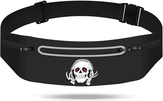 Music Skull Running Belts for Women and Men,Runner Waist fanny pack Wallet Holder,Waterproof Reflective phone holder,Cool Rock Skeleton Fitness Belt with 3 Zipper Pockets,Marathon Cycling Gear Gift