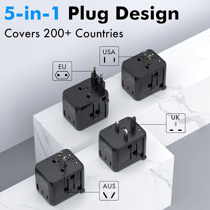 TRAVEL DEPOT Universal Travel Adapter w/USB Ports, GaN All in One Worldwide Plug Adapter, International Power Converter for All Devices, Wall Charger AC Power Type C Charging Ports for USA EU UK AUS