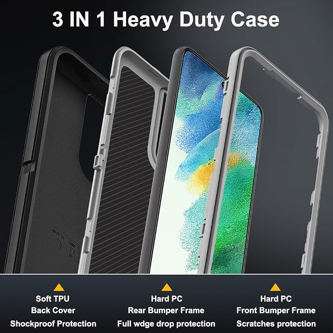 for Samsung Galaxy S21 FE Case with 2Pcs Screen Protector and 1Pcs Camera Lens Protector, Military Grade Heavy Duty Shockproof/Drop Proof/Dust Proof Case (Black/Grey)