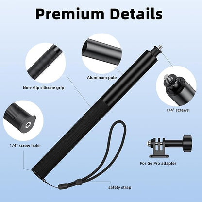BRDRC 53" Invisible Selfie Stick for Insta360 X5 X4, Extended Monopod Pole Heavy Duty Solid Compact for DJI OSMO 360, for Insta 360 X5 X4 X3 X2 X Accessories (with Go Pro Adapter and Wrist Strap)