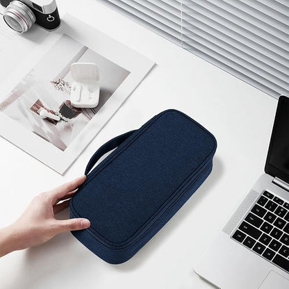 Teskyer Tech Organizer Pouch with Handle, Navy Blue | Water-Resistant Fabric, Adjustable Dividers, Multiple Compartments, Protective Lining, Travel and Office Use