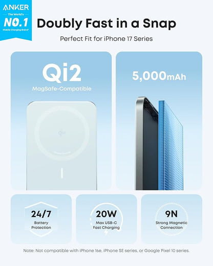 Anker Nano MagSafe Power Bank, Ultra-Slim 5,000mAh Magnetic Wireless Charging Battery, Qi2 Certified 15W Max MagSafe-Compatible Portable Charger, Ergonomic Design, for iPhone Air/17/16 Series