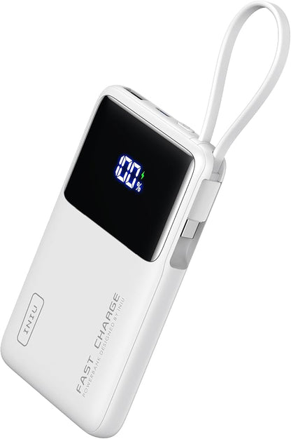 INIU 10000mAh Power Bank, Small 45W PD Fast Charging Portable Charger with Built-in USB C Cable, Flight-Safe Travel External Phone Battery Pack for iPhone 17 Pro Max Samsung S26 iPad etc, White