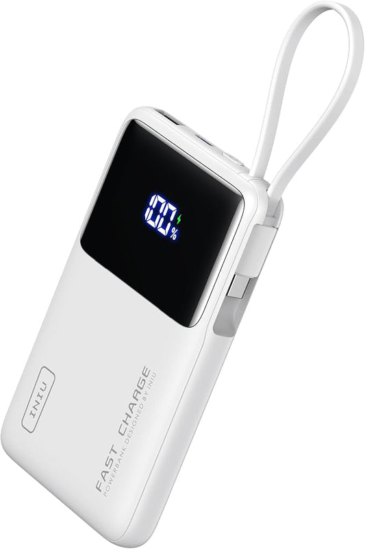 INIU 10000mAh Power Bank, Small 45W PD Fast Charging Portable Charger with Built-in USB C Cable, Flight-Safe Travel External Phone Battery Pack for iPhone 17 Pro Max Samsung S26 iPad etc, White