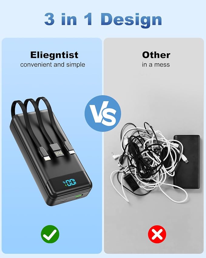 Portable Charger 40000mAh Power Bank - PD 22.5W Fast Charging Battery Pack, Built-in Cable Phone Charger 4 Output 3 Input, Compatible with iPhone 16 15 14 13 Android | Built-in Cable, 4 Output 3 Input, Digital Display, Compatible with iPhone 17 16 15 1...
