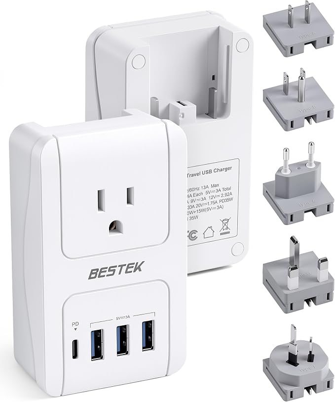 BESTEK Universal Travel Adapter, International Power Adapter with 1 Outlets 4 USB Charging Ports (1 USB C PD 35W), Plugs for EU, UK, US, China, AU, Japan - for Laptop, Phone, Camera