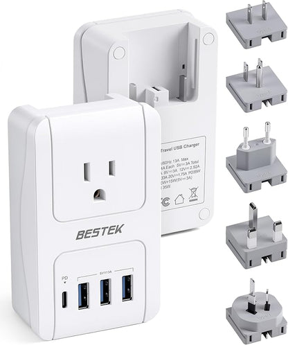 BESTEK Universal Travel Adapter, International Power Adapter with 1 Outlets 4 USB Charging Ports (1 USB C PD 35W), Plugs for EU, UK, US, China, AU, Japan - for Laptop, Phone, Camera