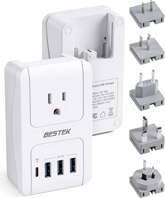 BESTEK Universal Travel Adapter, International Power Adapter with 1 Outlets 4 USB Charging Ports (1 USB C PD 35W), Plugs for EU, UK, US, China, AU, Japan - for Laptop, Phone, Camera
