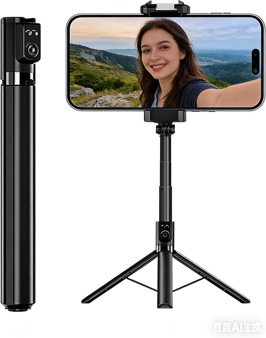 Selfie Stick Tripod for iPhone & Android, Portable Phone Tripod Stand with Bluetooth Remote, One-Click Open, Compact & Lightweight, All-in-1 for Vlog/Travel/Photography (Black)