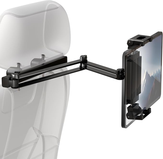 ZIRKA Car Headrest Tablet and Phone Holder – Adjustable Back Seat Mount for iPad, iPhone, Samsung – Heavy Duty Aluminium arm, 360° Rotation, for Kids, Travel, Road Trips, Fits 6”–19” Devices