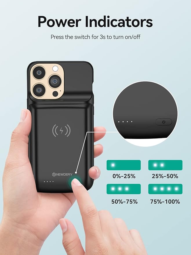 NEWDERY 10000mAh Battery Case for iPhone 14/14 Pro/13/13 Pro 6.1", Qi Wireless Charging & Wired Headset & Sync-Data Supported, Portable Protective Charger Cover
