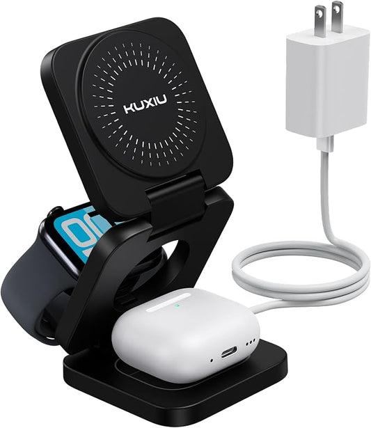 KU XIU Qi2.2 25W 3-in-1 Charging Station for Apple Device, Foldable Magnetic Charger for iPhone 17/16, 5W for Apple Watch & AirPods, Fast Travel Wireless Charging Stand with 45W Adapter