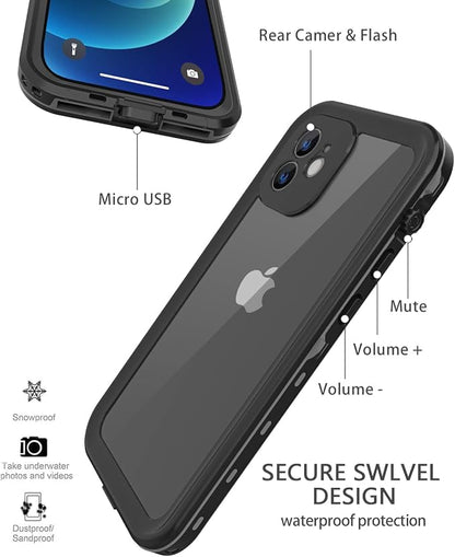 Design for iPhone 12 Mini Waterproof Case, Full Body Shockproof Case with Screen Protector, Dust Proof Phone Case Cover for iPhone 12 Mini 5.4 inch (Black)
