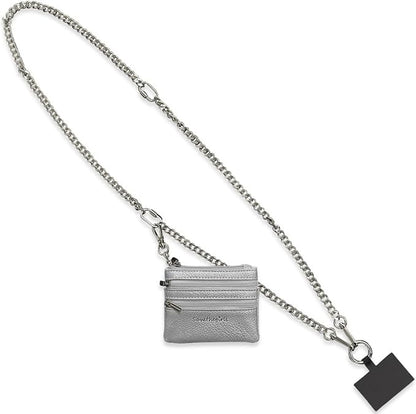 Save the Girls Clip and Go Phone Metal Chain with Pouch (Silver - Silver Pouch) – Stylish Phone Lanyard Crossbody with Wallet for Women, Hands-Free Carrying and Adjustable Crossbody Chain Strap