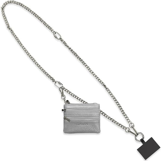 Save the Girls Clip and Go Phone Metal Chain with Pouch (Silver - Silver Pouch) – Stylish Phone Lanyard Crossbody with Wallet for Women, Hands-Free Carrying and Adjustable Crossbody Chain Strap