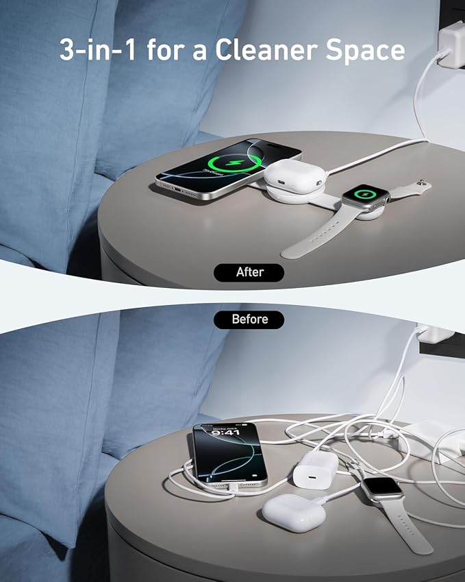 Anker MagSafe Compatible MagGo UFO 3-in-1 Charger, iPhone 17 Wireless Charging Station, 15W Qi2 Certified, Foldable Travel Charging Pad (Aurora White, with Travel Case & Adapter)