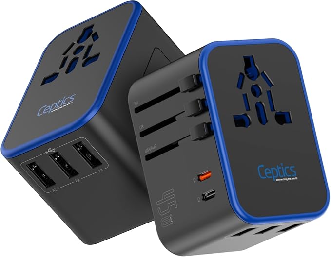 Ceptics 45W Universal Travel Adapter, International Travel Adapter with PD & QC 3.0 Dual USB-C, 3 USB-A World Travel Adapter, Type A, C, G, I Output for EU US UK – 2 Pack (UP-11KU-2PK) | 6 in 1 Universal Travel Adapter, Type A, C, G, I Plugs for Global...