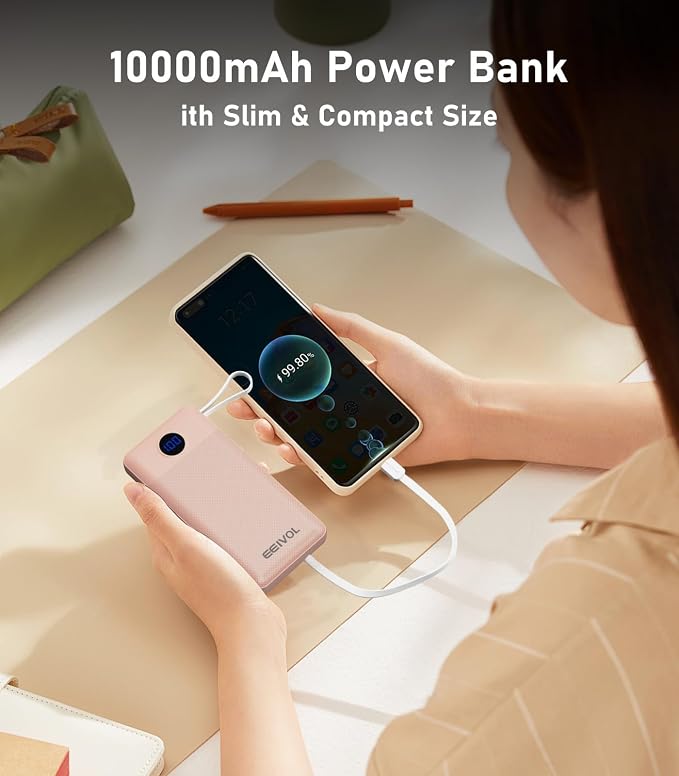Portable Charger with Built in Cables, Slim 10000mAh Power Bank, USB C Battery Pack Travel, 4 Output 2 Input External Charging Bank for iPhone 17/16/15/14/13,Samsung, Android, etc-Pink(1 Pack)