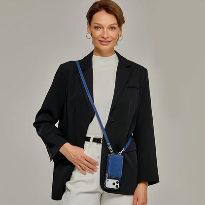 ZVE for iPhone 17 Pro Case Wallet with Crossbody Strap, Card Holder Leather Phone Cover with Wrist Strap 6.3" Navy Blue