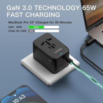 HAPOW Universal Travel Adapter, GaN 65W International Power Adapter, 3 USB-C & 1 USB-A Fast Charging Travel Charger, All in One Worldwide Travel Plug Adapter, Outlet Adapter for Europe UK USA AU