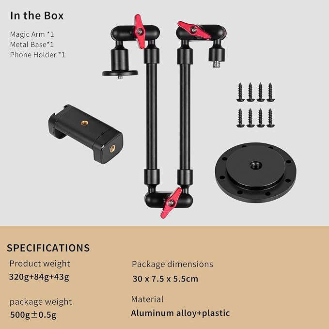 Wall Mounted Phone Holder Magic Arm 360° Rotation Adjustable Metal Base Screw in Wall Sturdy for Kitchen Bedroom Home 22 Inch ABS Phone Clip