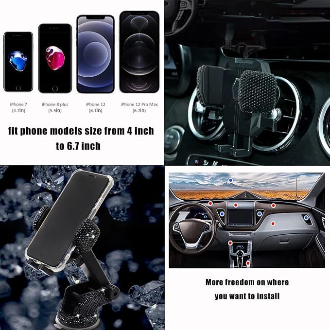 LYCARESUN Bling Car Phone Mount Holder,Shiny Crystal Rhinestone Phone Stand for Women and Girls, Car Accessories for Windshield Dashboard,Compatible with Most Cellphones (Black)