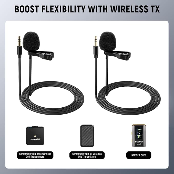 NEEWER 2 Pack Lavalier Lapel Microphone Compatible with DJI Wireless Mic Transmitters Rode Wireless GO II 2, Omnidirectional Condenser Wired Clip On Lav Mics for Stage YouTube Live Streaming, CM5