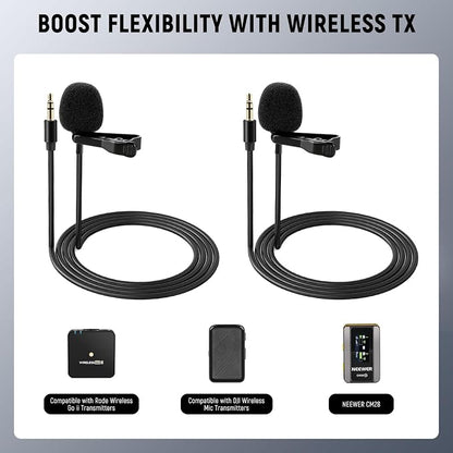 NEEWER 2 Pack Lavalier Lapel Microphone Compatible with DJI Wireless Mic Transmitters Rode Wireless GO II 2, Omnidirectional Condenser Wired Clip On Lav Mics for Stage YouTube Live Streaming, CM5