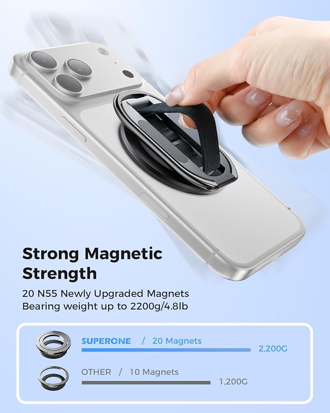 [2026 Upgraded] SUPERONE MagSafe Phone Grip for MagSafe with Finger Strap, Removable Gym Magnetic Phone Grip with Two-Sided Magnets, Mag Safe Grip Kickstand Loop for iPhone 17/16/15/14/13/12 Series