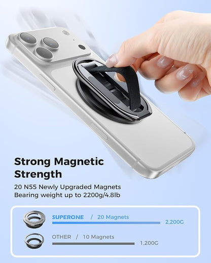 [2026 Upgraded] SUPERONE MagSafe Phone Grip for MagSafe with Finger Strap, Removable Gym Magnetic Phone Grip with Two-Sided Magnets, Mag Safe Grip Kickstand Loop for iPhone 17/16/15/14/13/12 Series