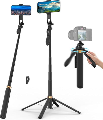 Selfie Stick Quadpod, 71" Phone Stand,Cell Phone Tripod with Wireless Remote, iPhone Quadpod Stand,Selfie Stick Tripod for iPhone Compatible with All Cell Phones,Camera