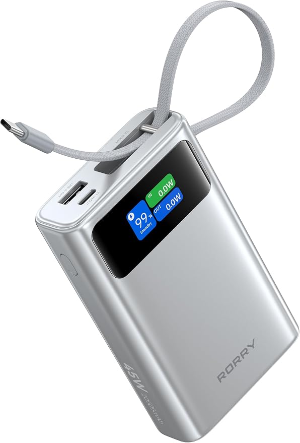 RORRY 45W Portable Charger, 20000mAh Power Bank, iPhone Battery Pack | Fast Charging, Extended Built-in USB C Cable, Smart Display, For iPhone 17/16/15, Galaxy, Pixel, iPad, Travel Essential