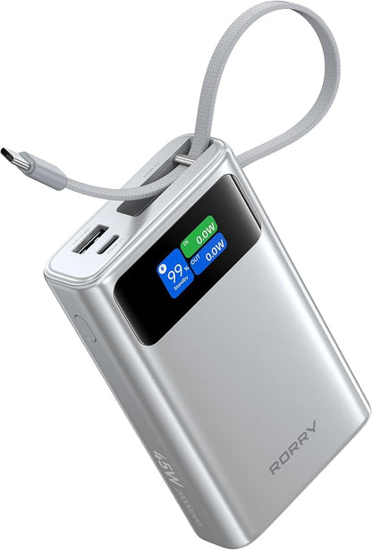 RORRY 45W Portable Charger, 20000mAh Power Bank, iPhone Battery Pack | Fast Charging, Extended Built-in USB C Cable, Smart Display, For iPhone 17/16/15, Galaxy, Pixel, iPad, Travel Essential