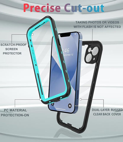 for iPhone 13 Case Waterproof Shockproof Dustproof Full-Body Sturdy with Camera Lens Protector and Built-in Screen Protector,Underwater Full Sealed Cover Protective for iPhone 13 (Teal)