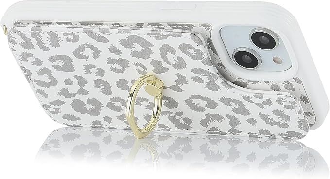 Lipvina for iPhone 14 Plus Case with Card Holder and Strap for Women,Crossbody Lanyard,RFID Blocking,Stand Ring Kickstand,Snap Clasp,Cute Phone Wallet Cases 6.7 inch(White Leopard)